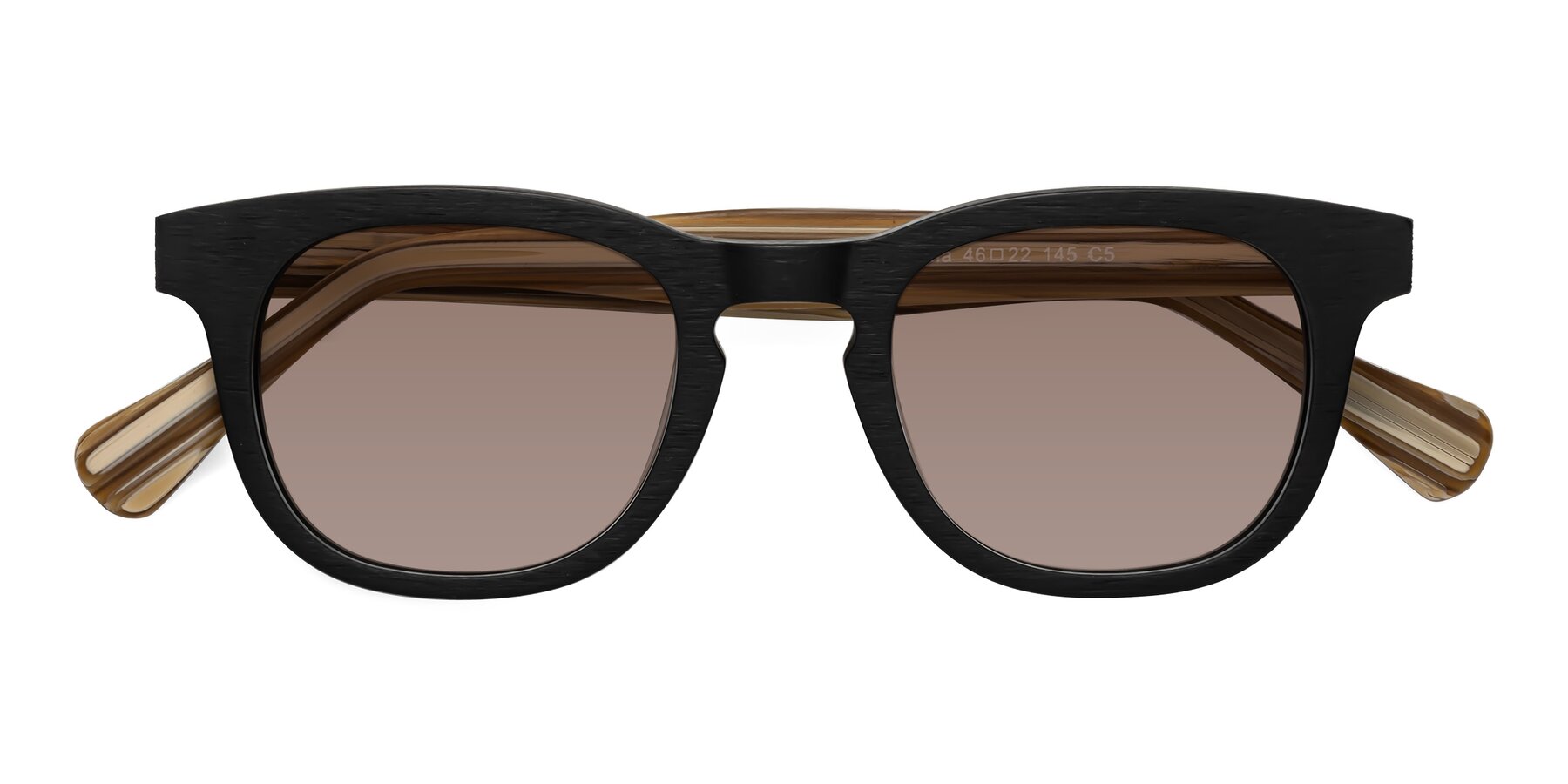 Folded Front of Tonia in Black-Sugar Woodgrain with Medium Brown Tinted Lenses