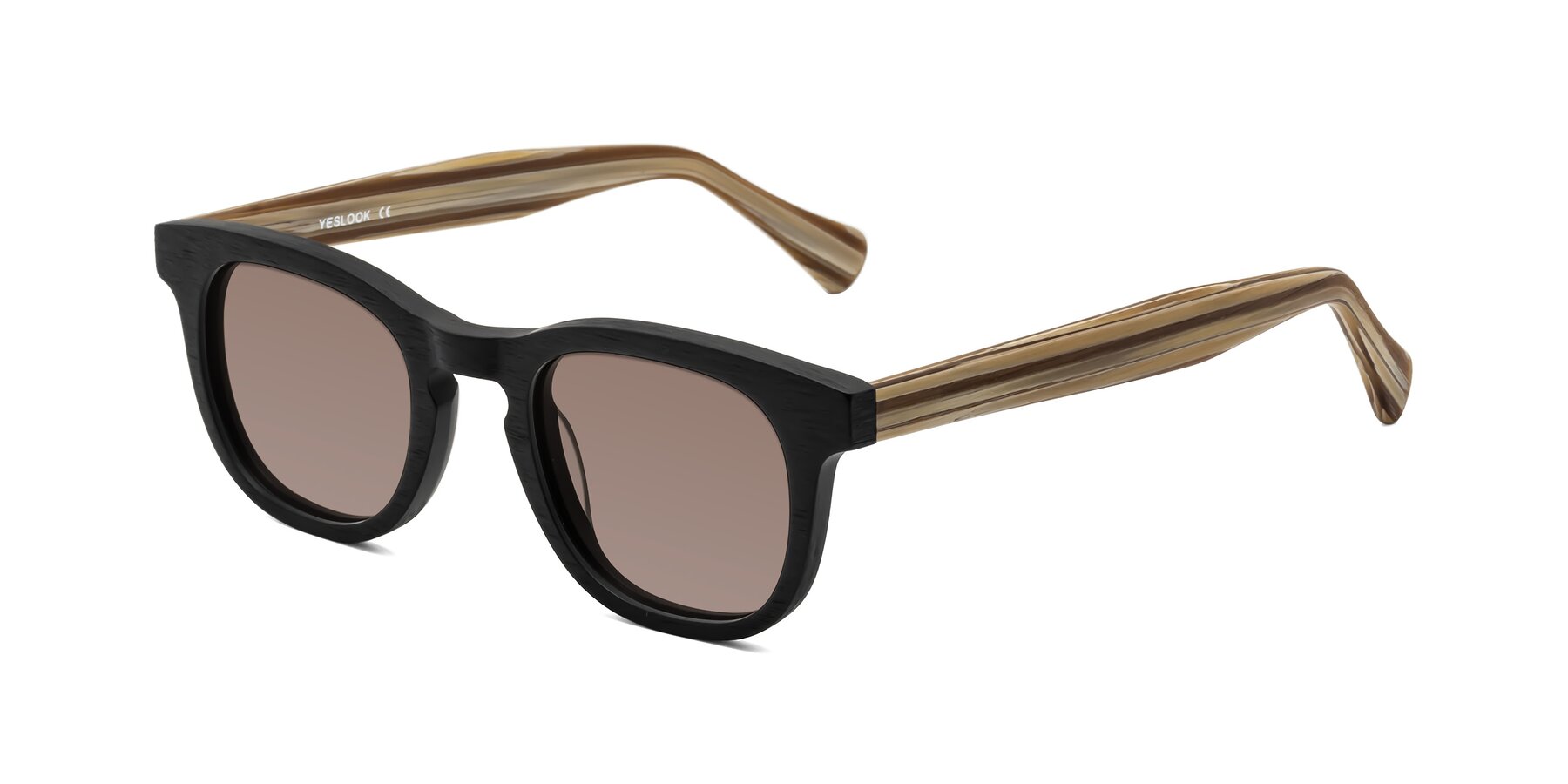 Angle of Tonia in Black-Sugar Woodgrain with Medium Brown Tinted Lenses