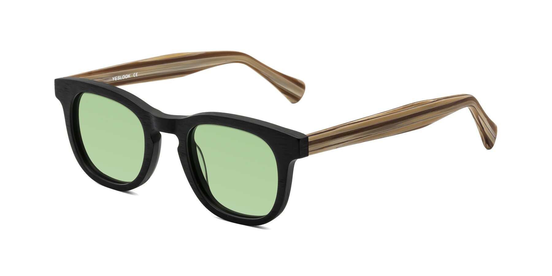 Angle of Tonia in Black-Sugar Woodgrain with Medium Green Tinted Lenses