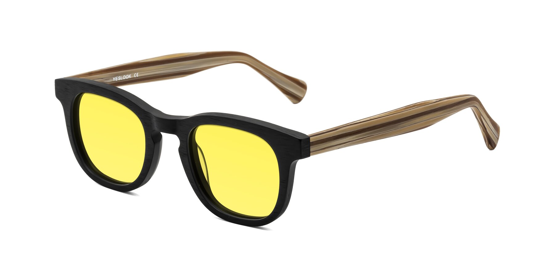 Angle of Tonia in Black-Sugar Woodgrain with Medium Yellow Tinted Lenses