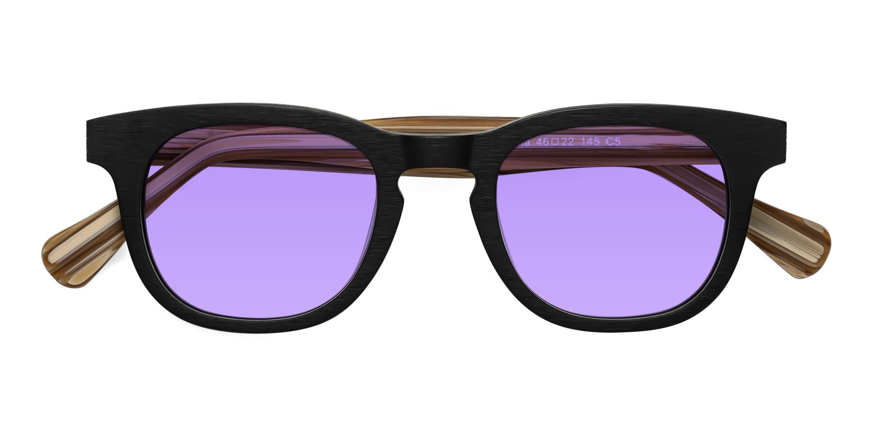 Folded Front of Tonia in Black-Sugar Woodgrain with Medium Purple Tinted Lenses