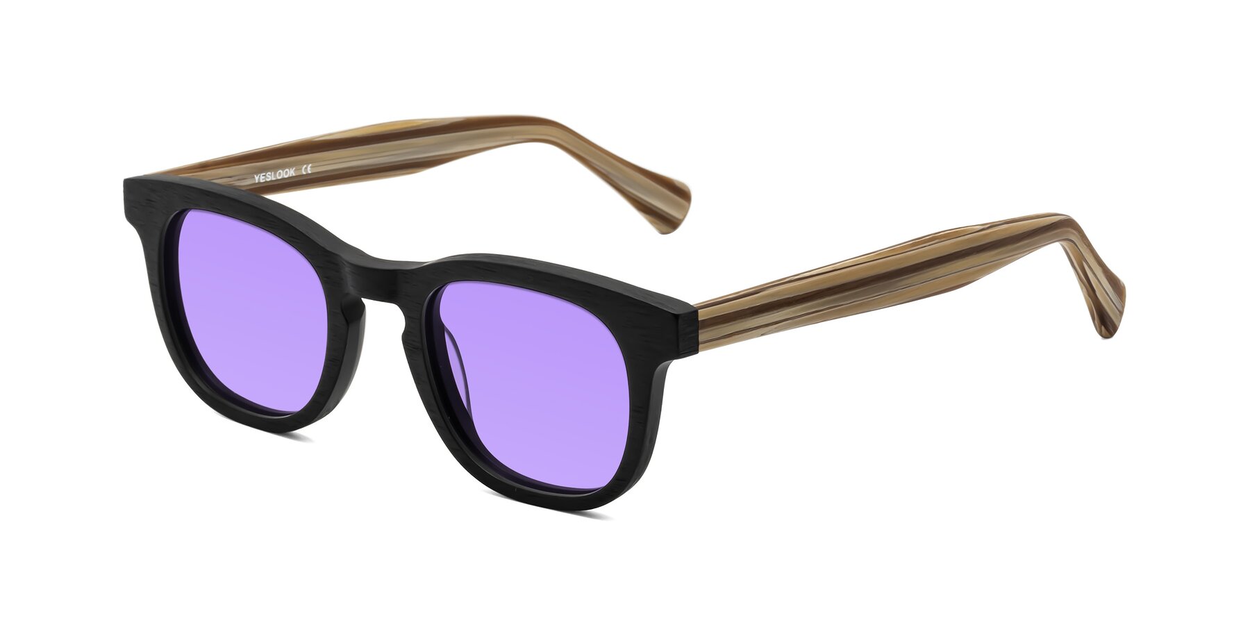 Angle of Tonia in Black-Sugar Woodgrain with Medium Purple Tinted Lenses