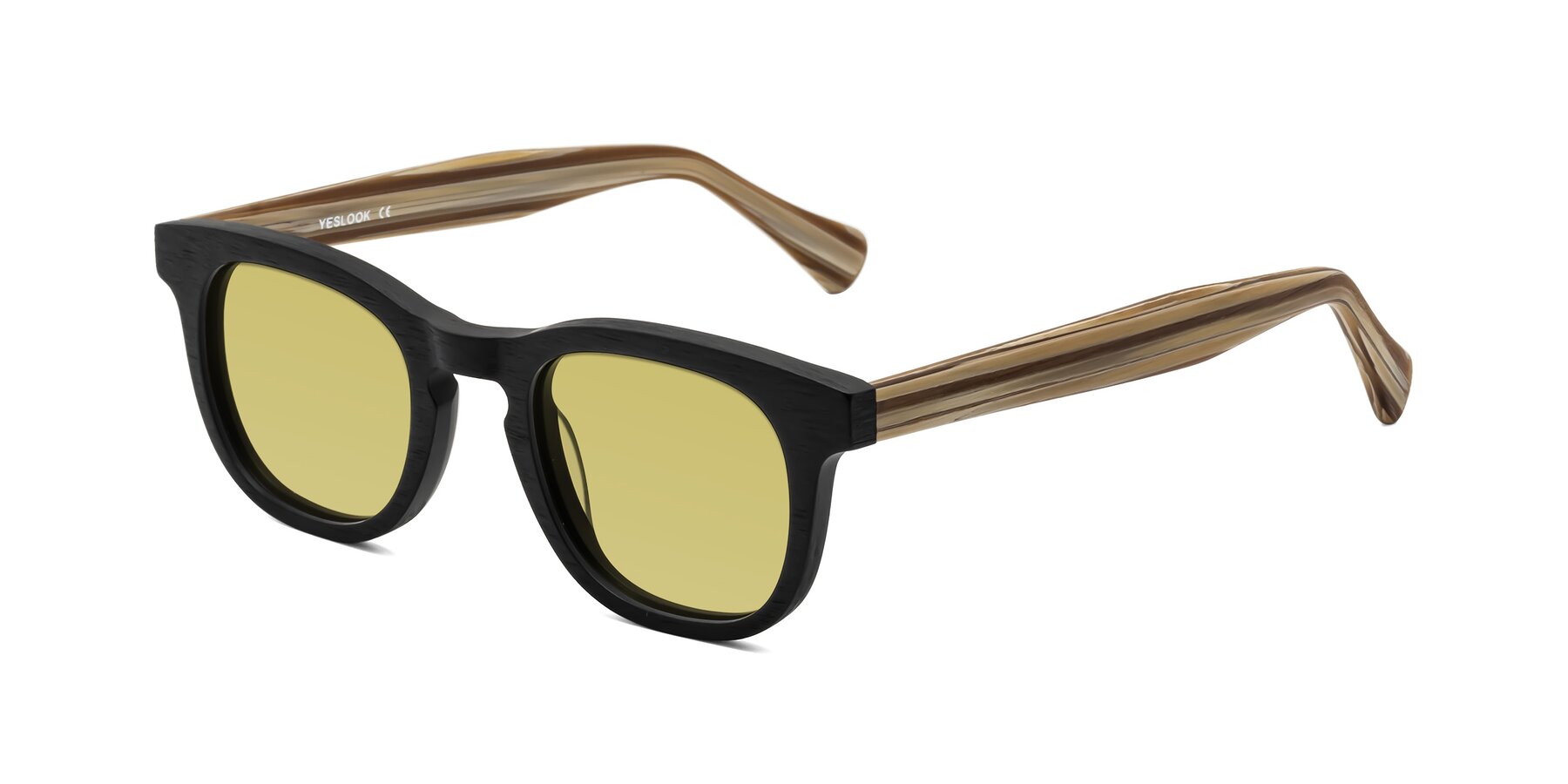 Angle of Tonia in Black-Sugar Woodgrain with Medium Champagne Tinted Lenses