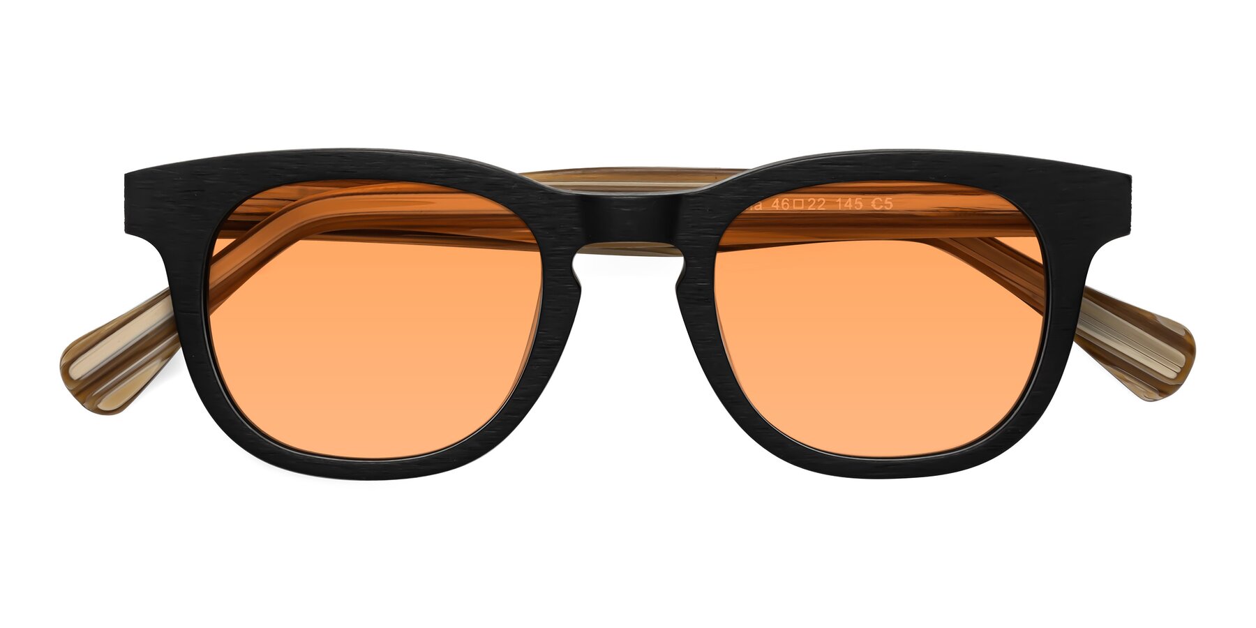 Folded Front of Tonia in Black-Sugar Woodgrain with Medium Orange Tinted Lenses