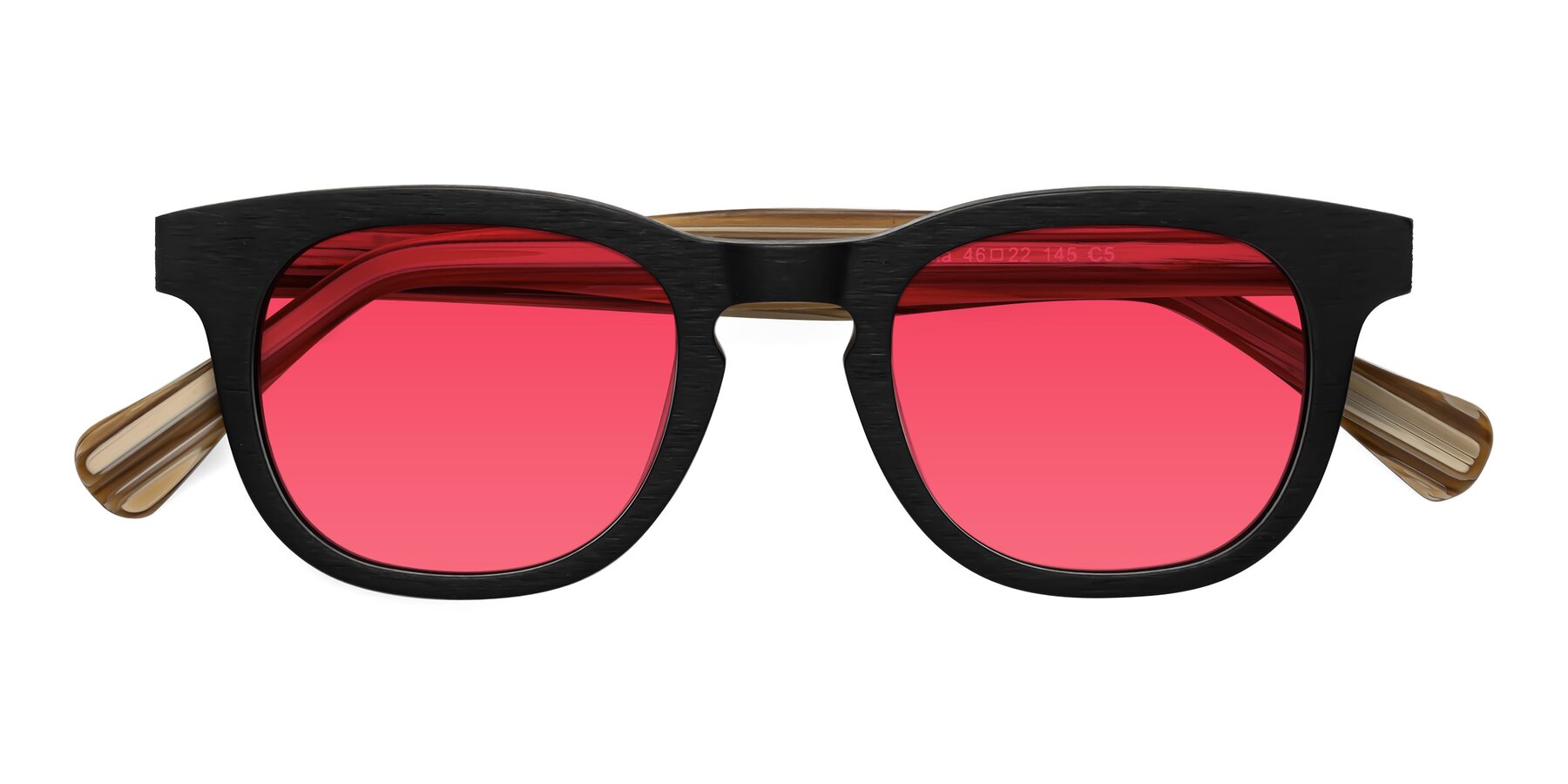 Folded Front of Tonia in Black-Sugar Woodgrain with Red Tinted Lenses