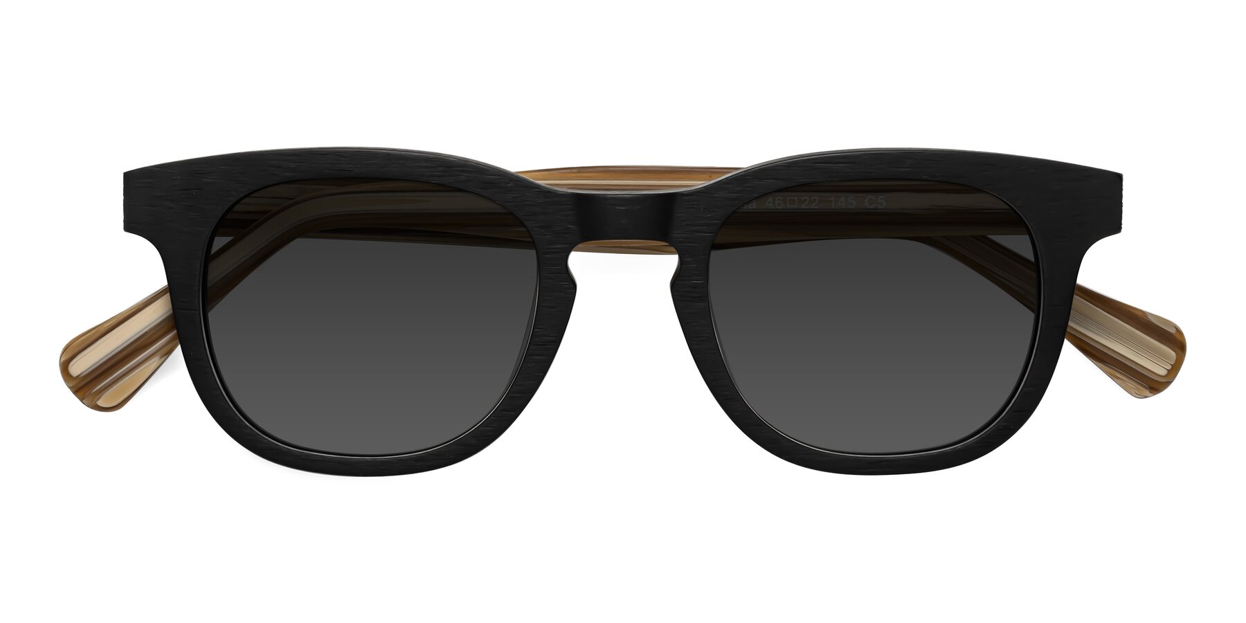 Folded Front of Tonia in Black-Sugar Woodgrain with Gray Tinted Lenses