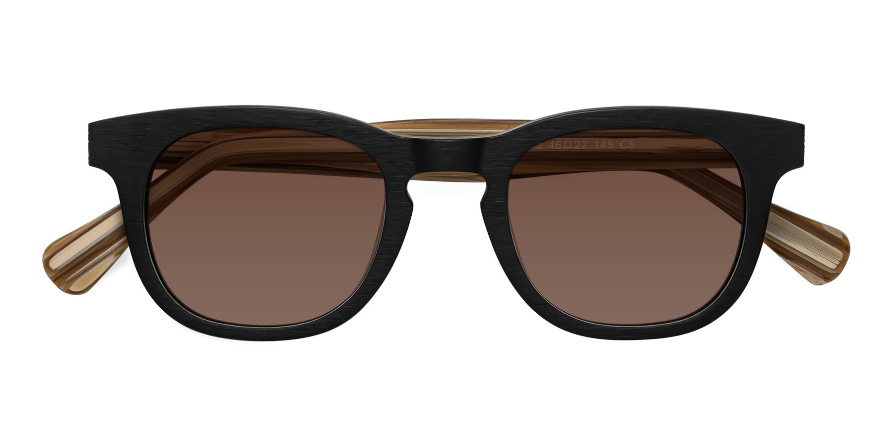 Folded Front of Tonia in Black-Sugar Woodgrain with Brown Tinted Lenses