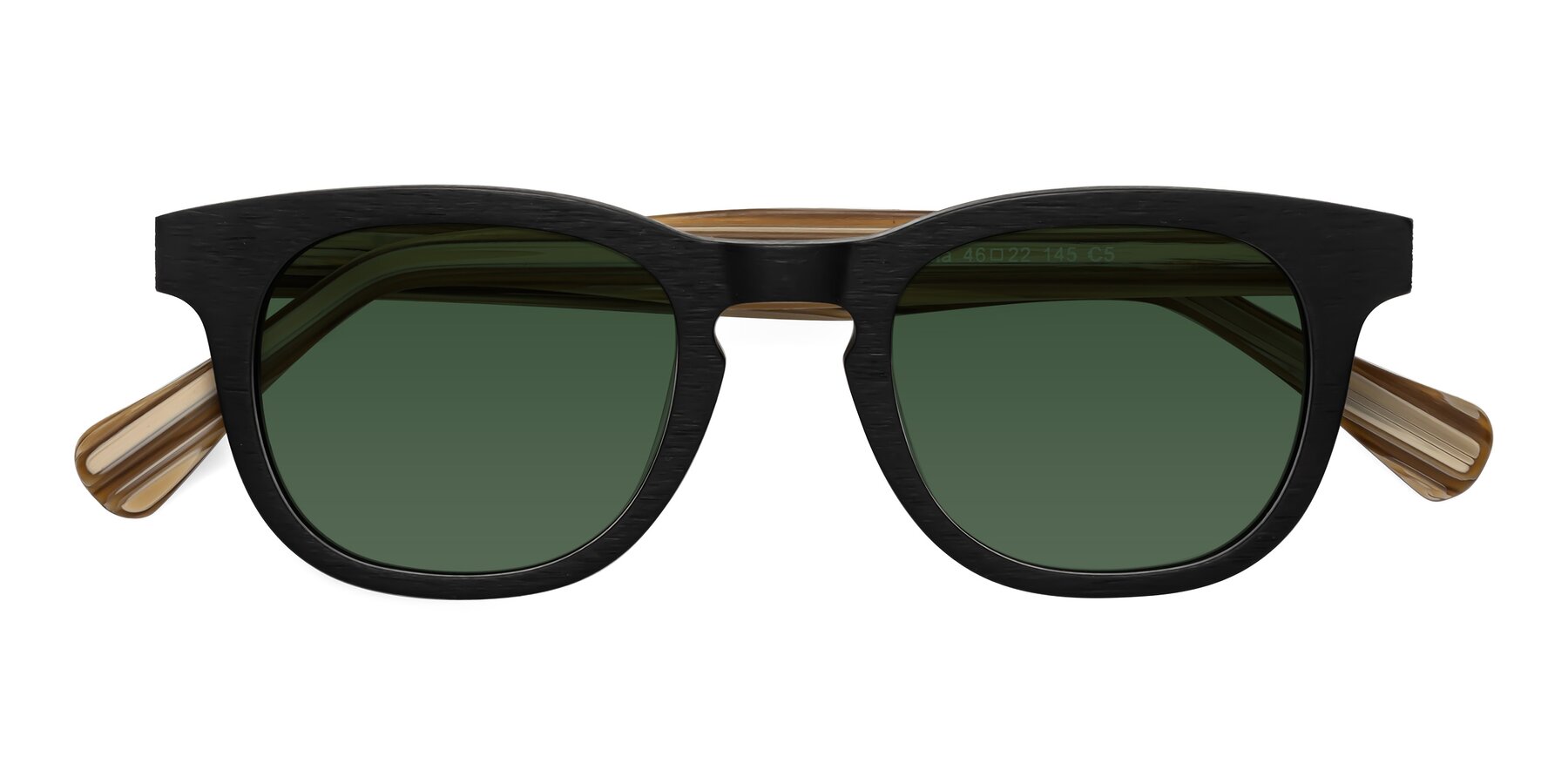 Folded Front of Tonia in Black-Sugar Woodgrain with Green Tinted Lenses