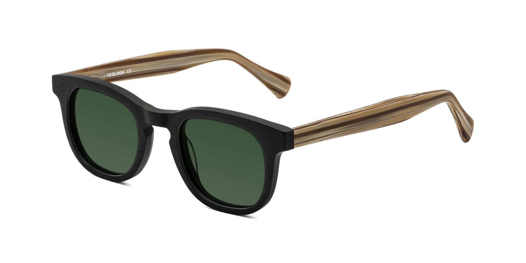 Angle of Tonia in Black-Sugar Woodgrain with Green Tinted Lenses