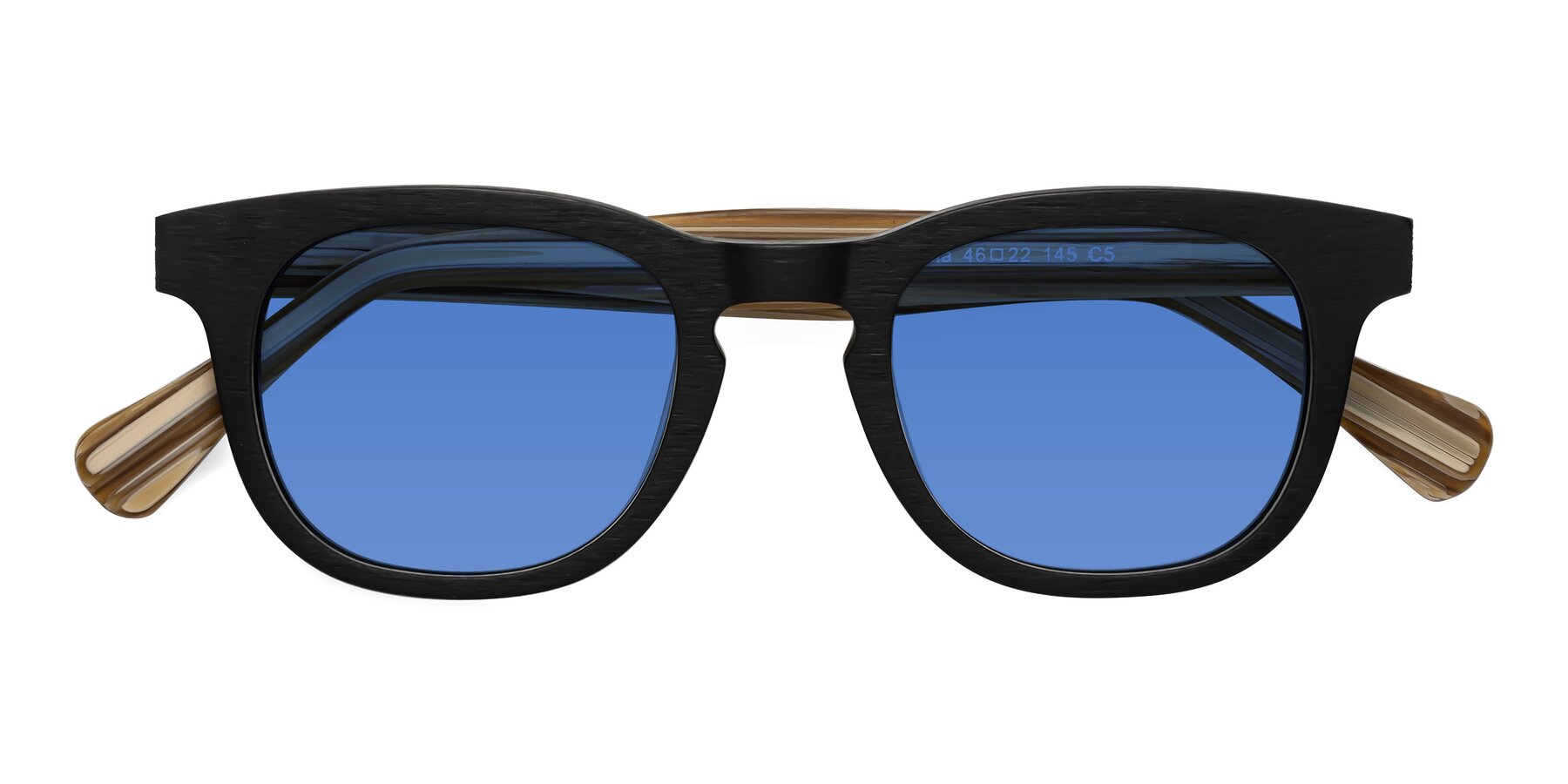 Folded Front of Tonia in Black-Sugar Woodgrain with Blue Tinted Lenses