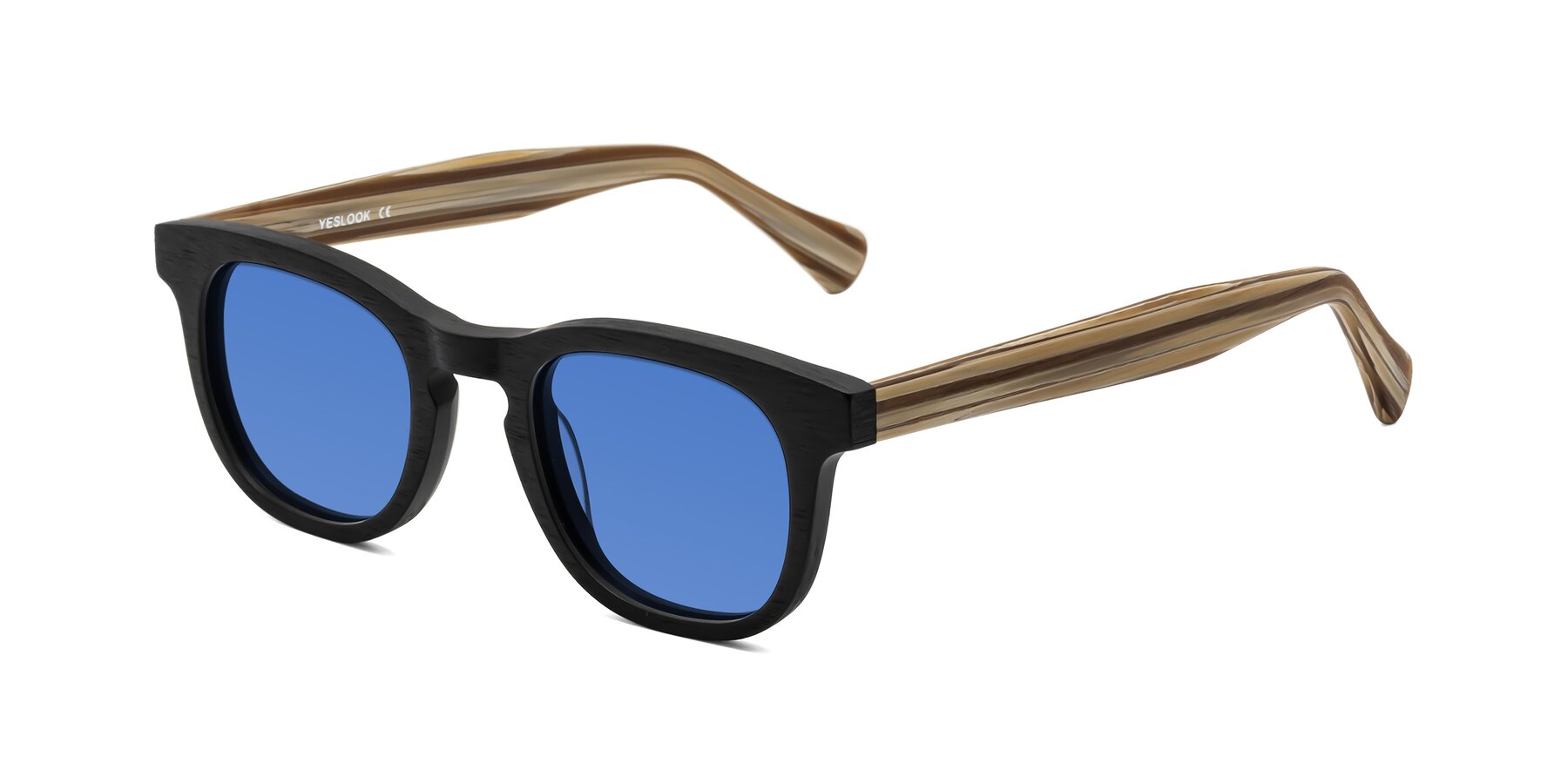 Angle of Tonia in Black-Sugar Woodgrain with Blue Tinted Lenses