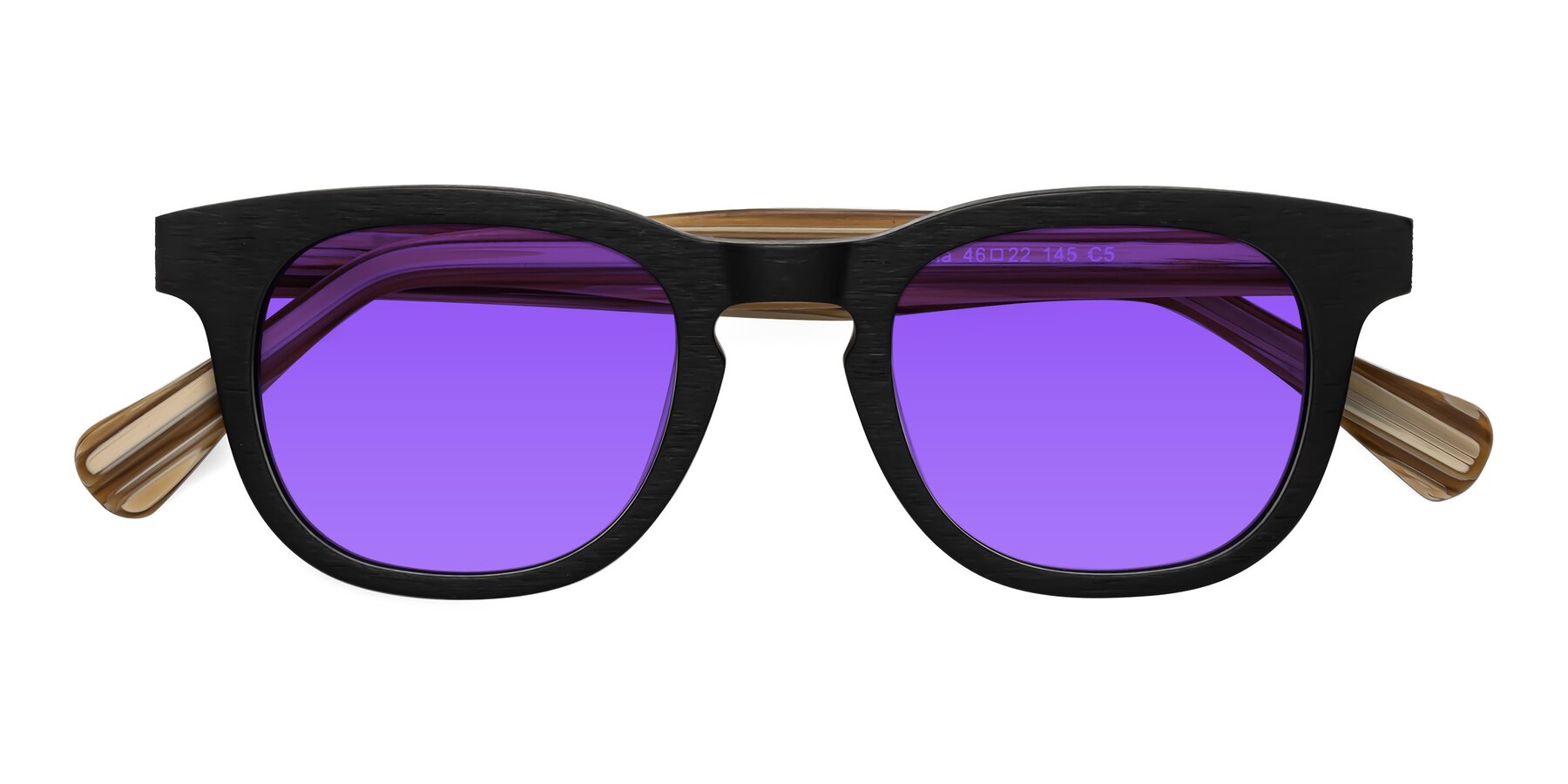 Folded Front of Tonia in Black-Sugar Woodgrain with Purple Tinted Lenses