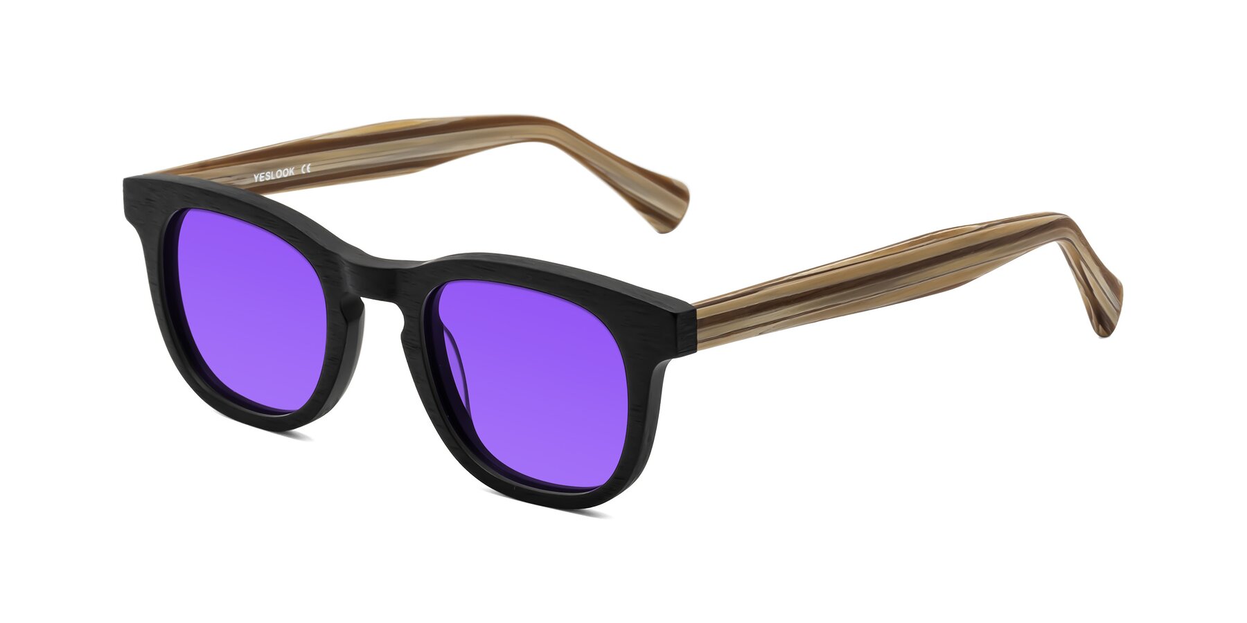 Angle of Tonia in Black-Sugar Woodgrain with Purple Tinted Lenses