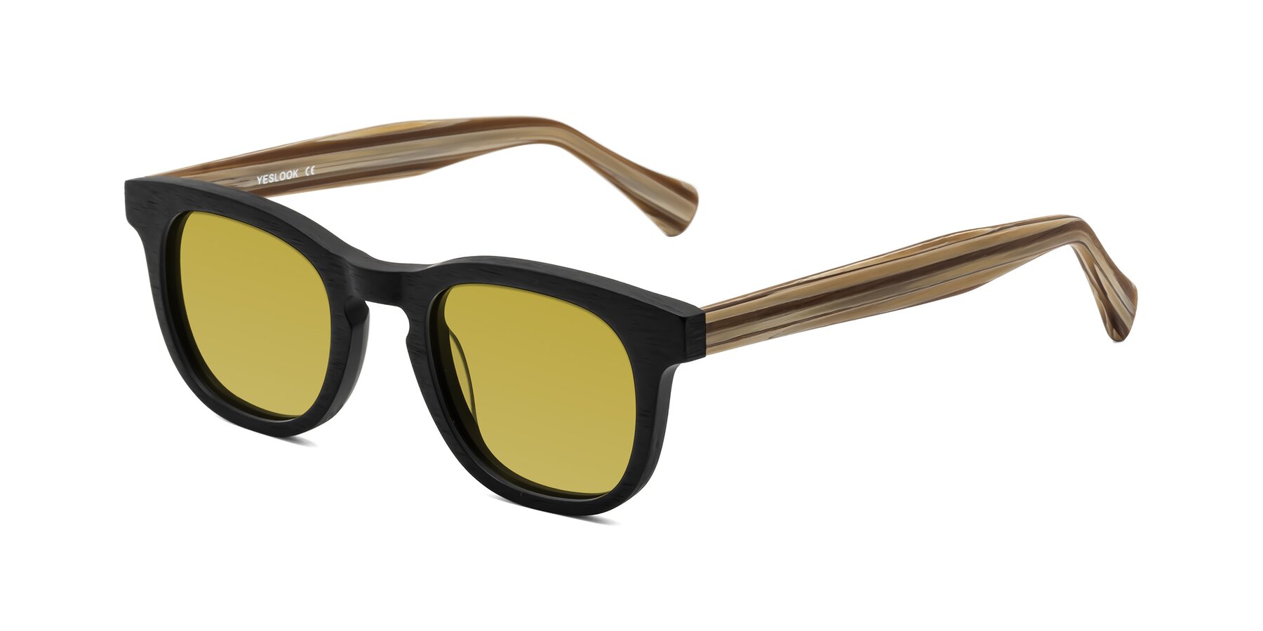 Angle of Tonia in Black-Sugar Woodgrain with Champagne Tinted Lenses