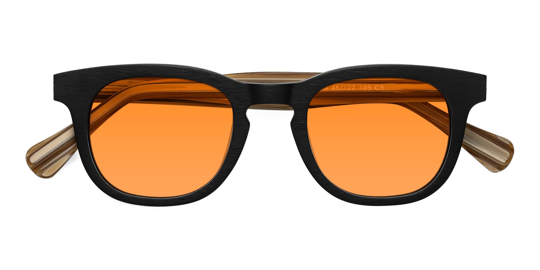 Folded Front of Tonia in Black-Sugar Woodgrain with Orange Tinted Lenses