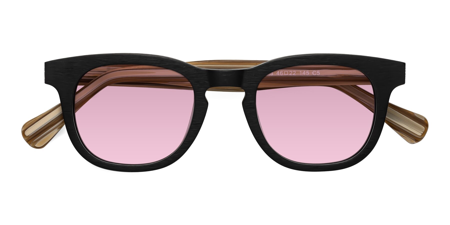 Folded Front of Tonia in Black-Sugar Woodgrain with Light Wine Tinted Lenses