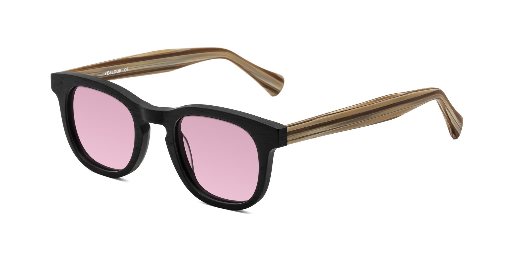 Angle of Tonia in Black-Sugar Woodgrain with Light Wine Tinted Lenses