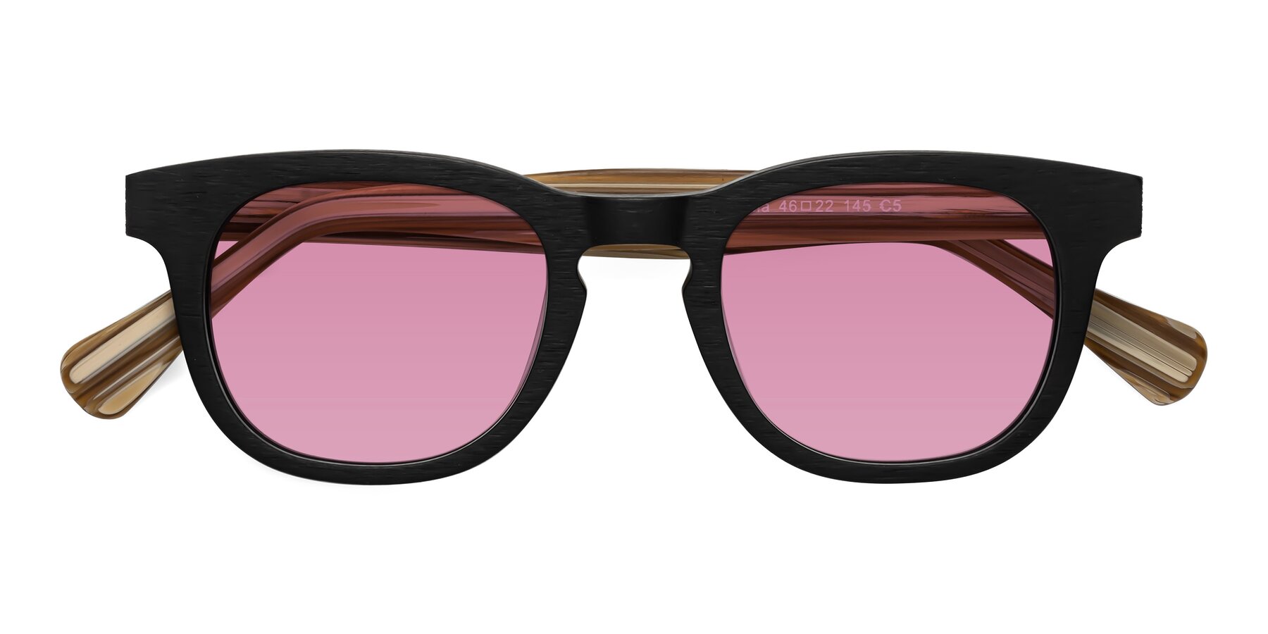 Folded Front of Tonia in Black-Sugar Woodgrain with Medium Wine Tinted Lenses