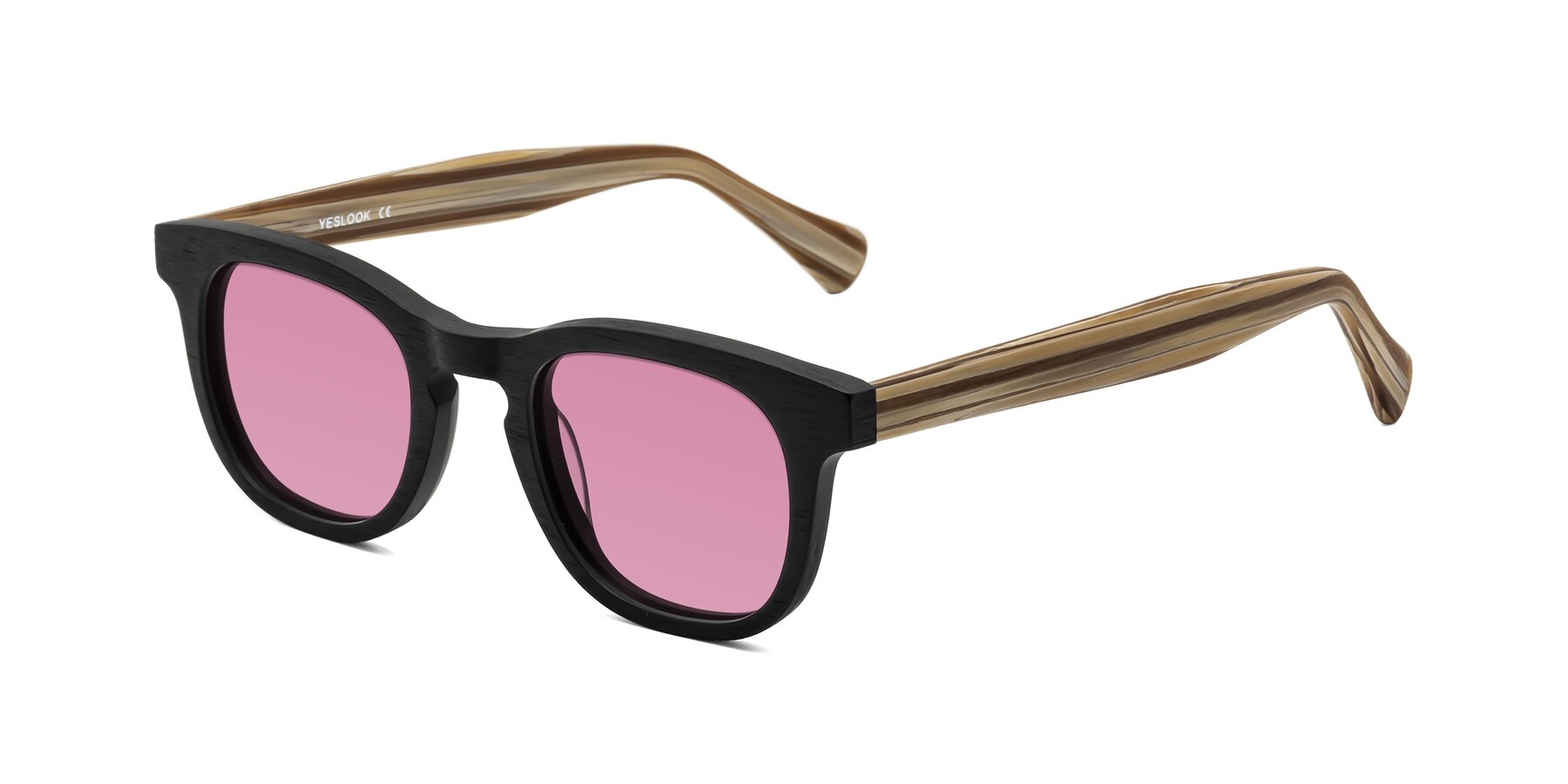 Angle of Tonia in Black-Sugar Woodgrain with Medium Wine Tinted Lenses