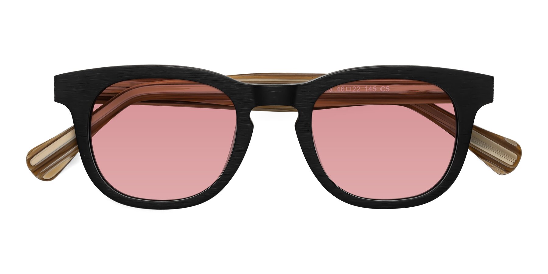 Folded Front of Tonia in Black-Sugar Woodgrain with Medium Garnet Tinted Lenses