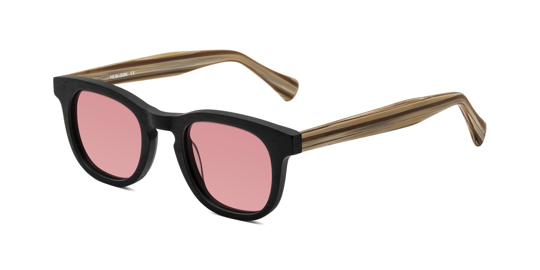 Angle of Tonia in Black-Sugar Woodgrain with Medium Garnet Tinted Lenses