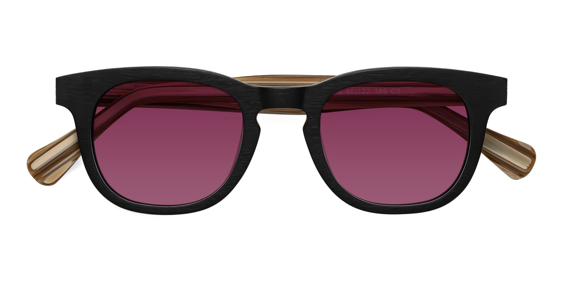 Folded Front of Tonia in Black-Sugar Woodgrain with Wine Tinted Lenses