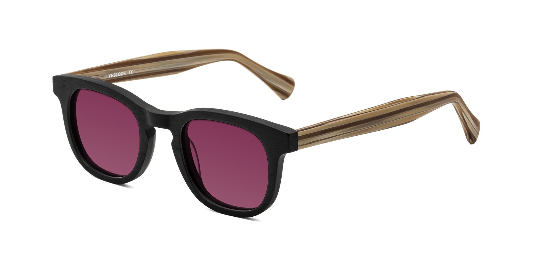 Angle of Tonia in Black-Sugar Woodgrain with Wine Tinted Lenses