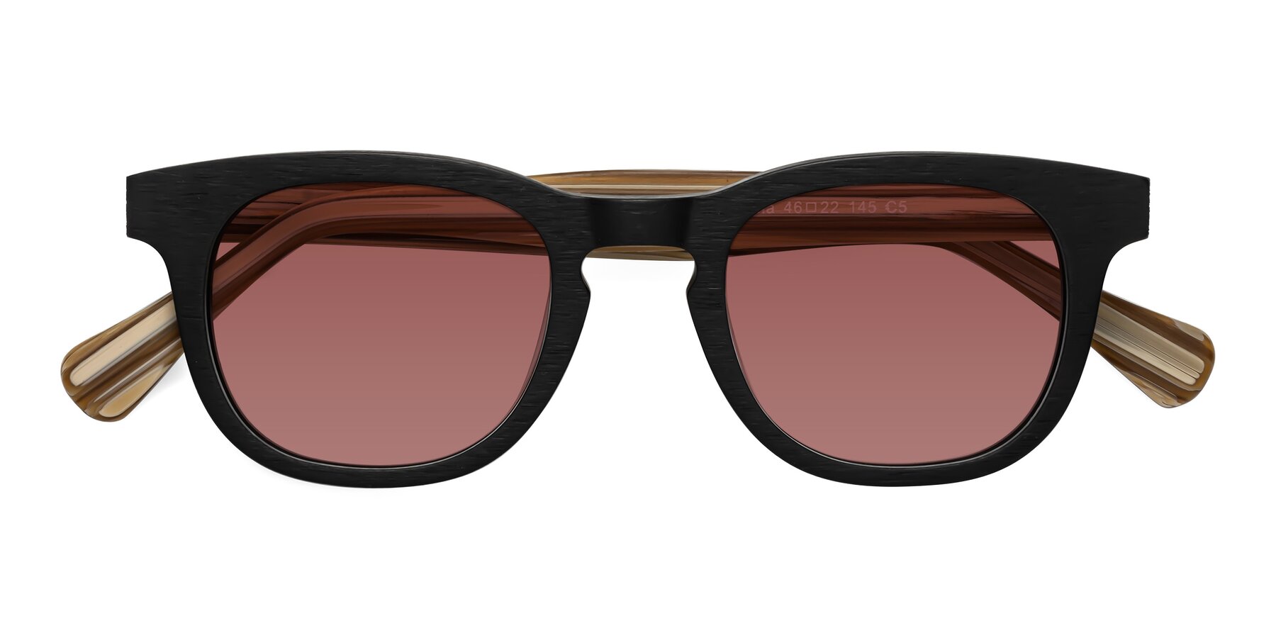 Folded Front of Tonia in Black-Sugar Woodgrain with Garnet Tinted Lenses