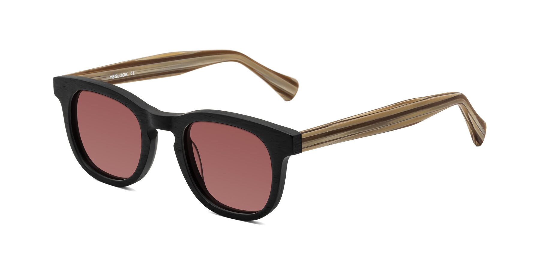 Angle of Tonia in Black-Sugar Woodgrain with Garnet Tinted Lenses