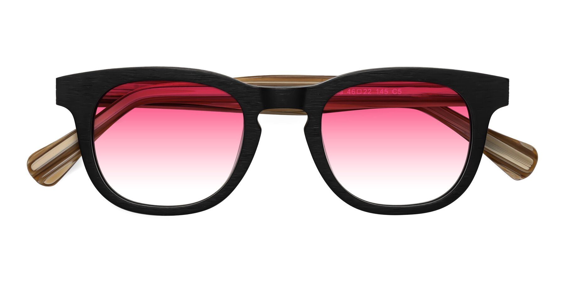 Folded Front of Tonia in Black-Sugar Woodgrain with Pink Gradient Lenses