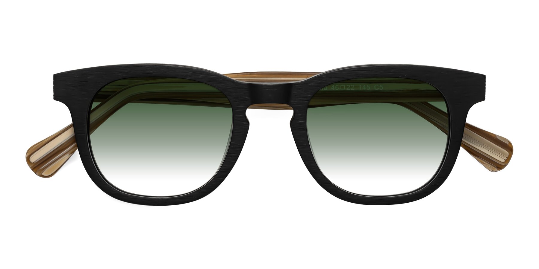 Folded Front of Tonia in Black-Sugar Woodgrain with Green Gradient Lenses