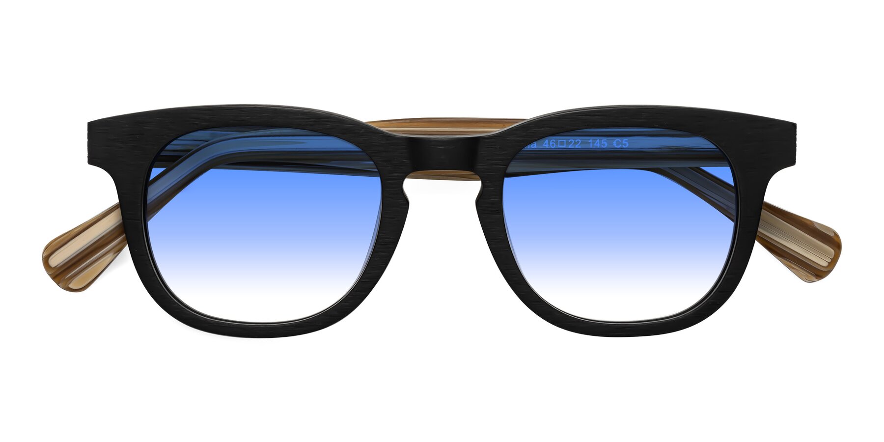 Folded Front of Tonia in Black-Sugar Woodgrain with Blue Gradient Lenses