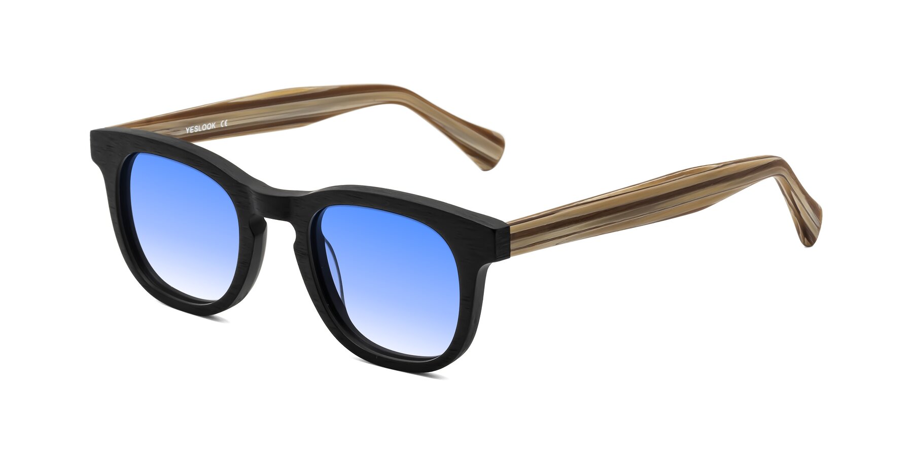 Angle of Tonia in Black-Sugar Woodgrain with Blue Gradient Lenses