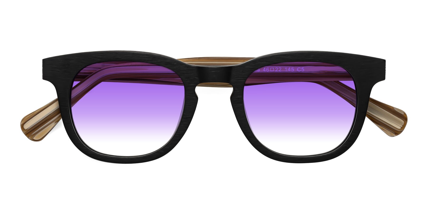 Folded Front of Tonia in Black-Sugar Woodgrain with Purple Gradient Lenses