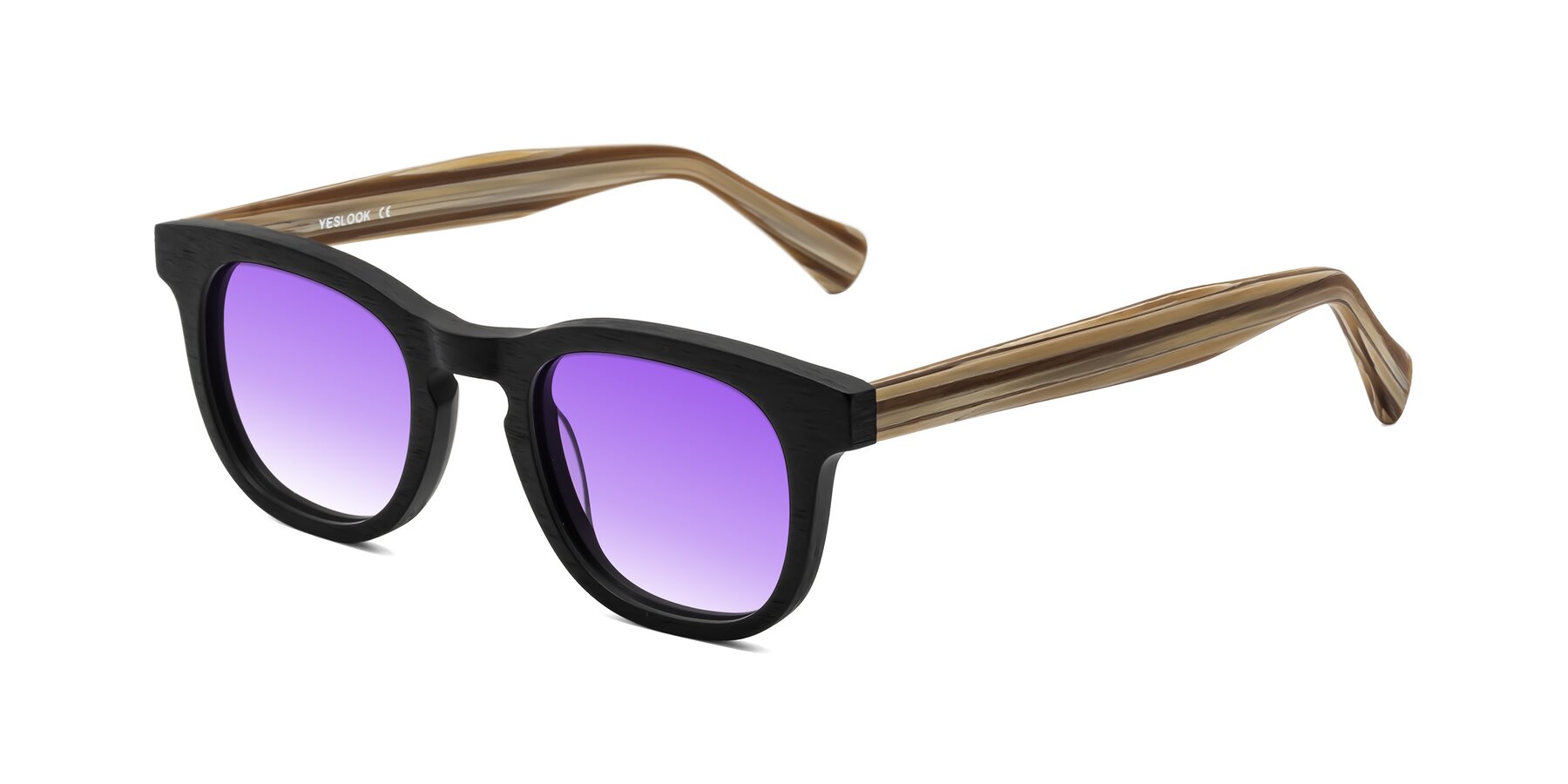 Angle of Tonia in Black-Sugar Woodgrain with Purple Gradient Lenses