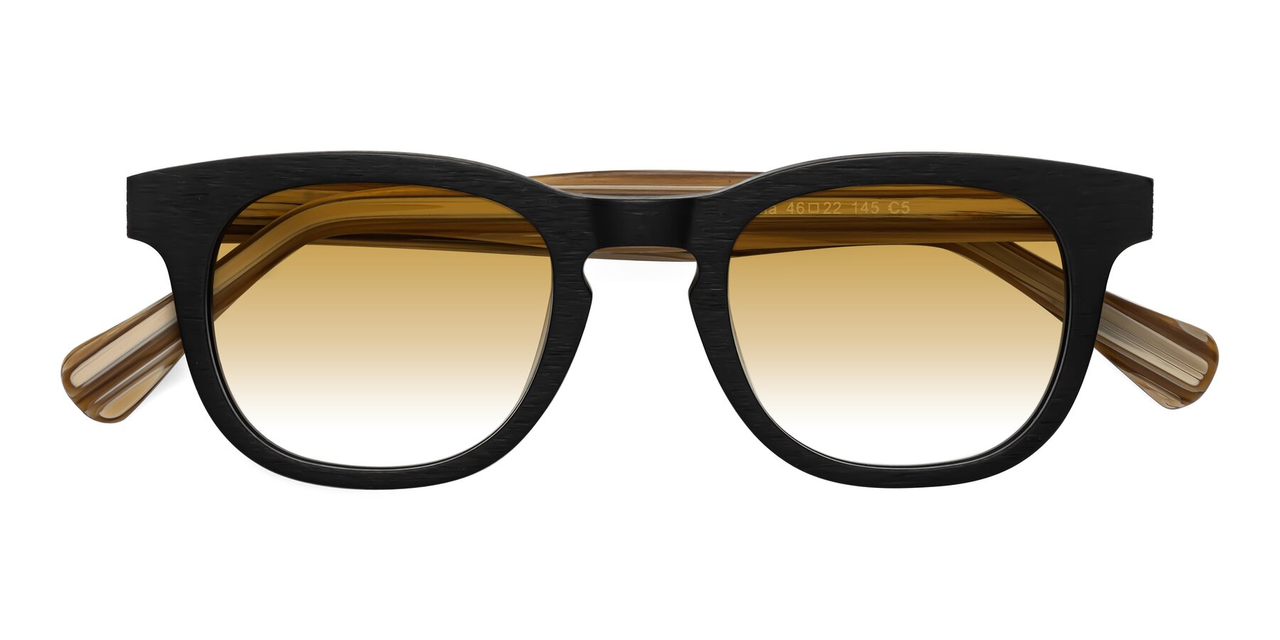 Folded Front of Tonia in Black-Sugar Woodgrain with Champagne Gradient Lenses