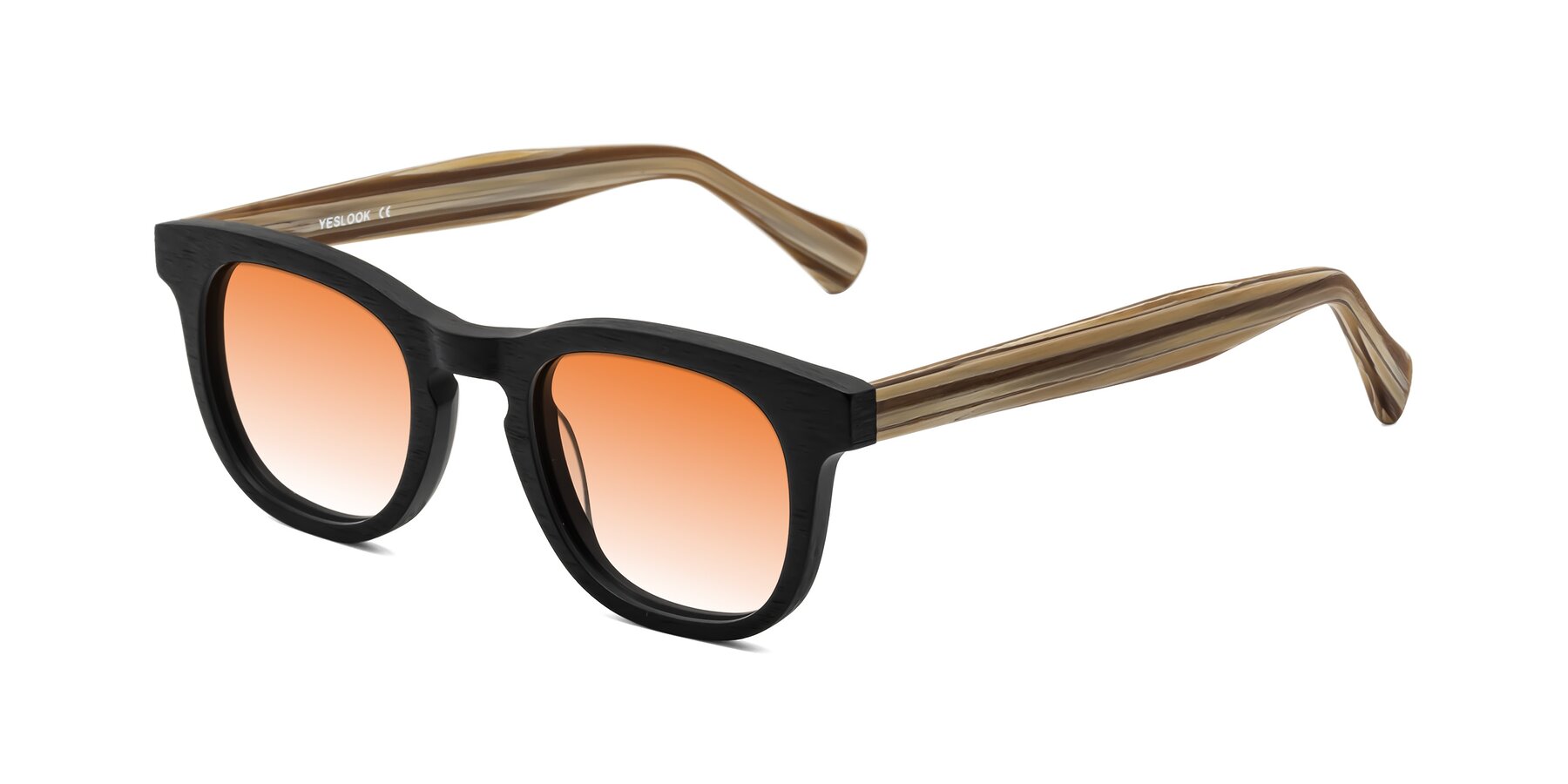 Angle of Tonia in Black-Sugar Woodgrain with Orange Gradient Lenses