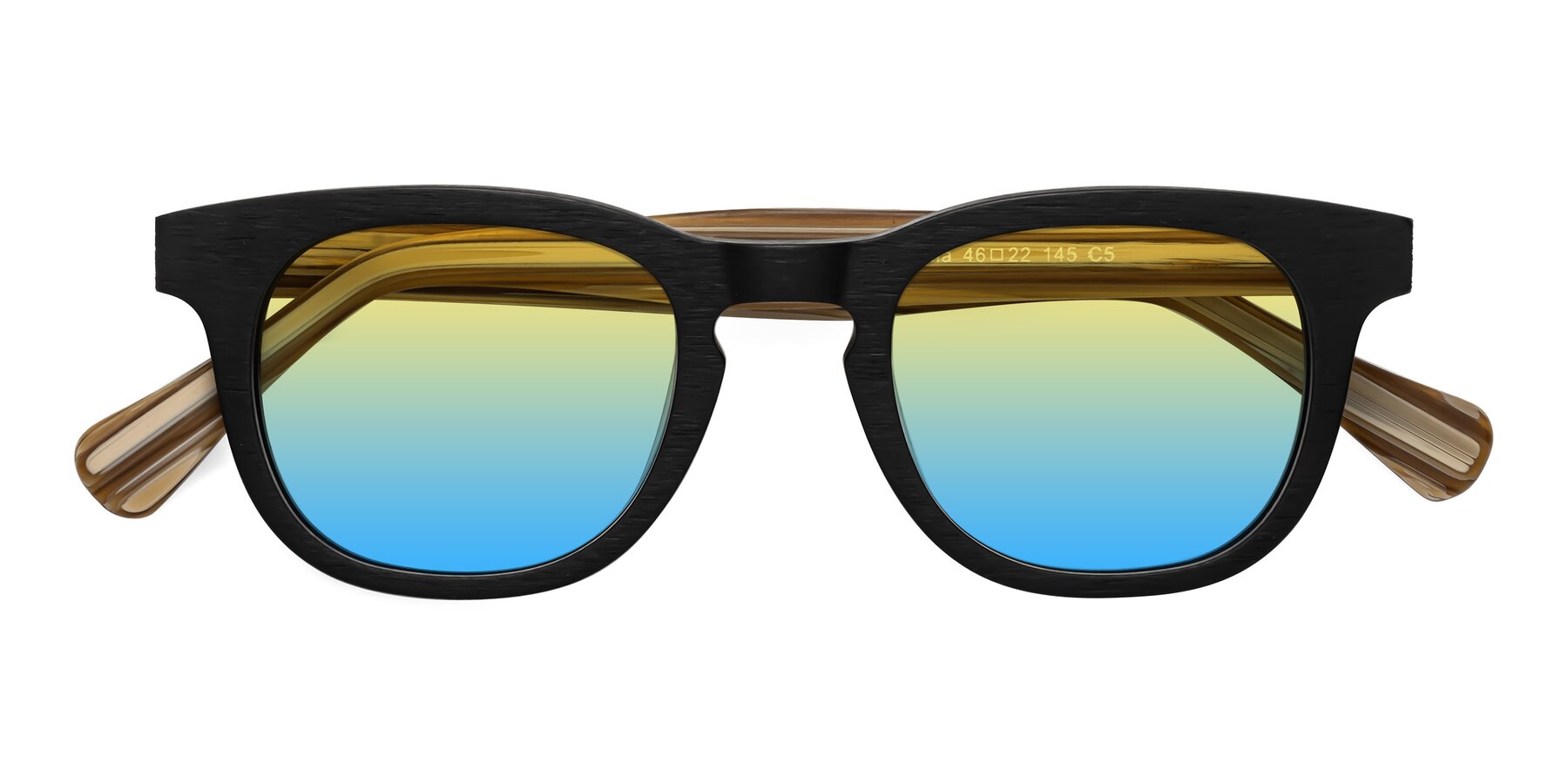 Folded Front of Tonia in Black-Sugar Woodgrain with Yellow / Blue Gradient Lenses