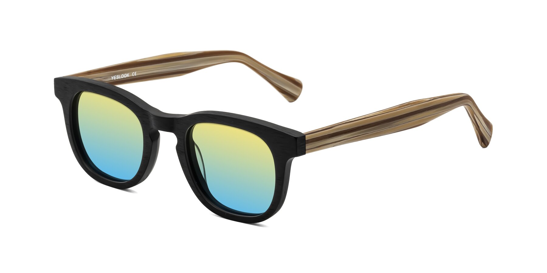 Angle of Tonia in Black-Sugar Woodgrain with Yellow / Blue Gradient Lenses