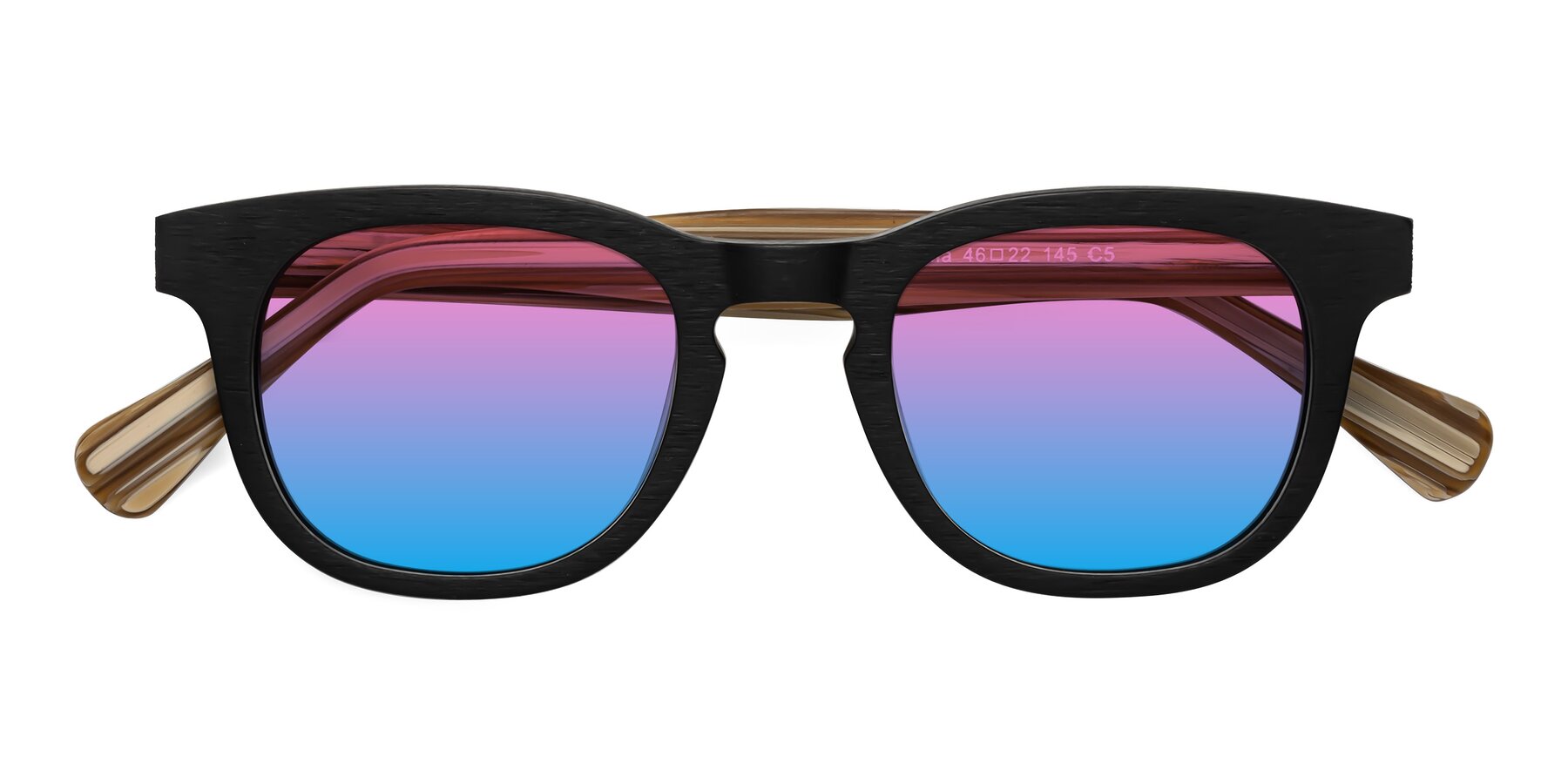 Folded Front of Tonia in Black-Sugar Woodgrain with Pink / Blue Gradient Lenses