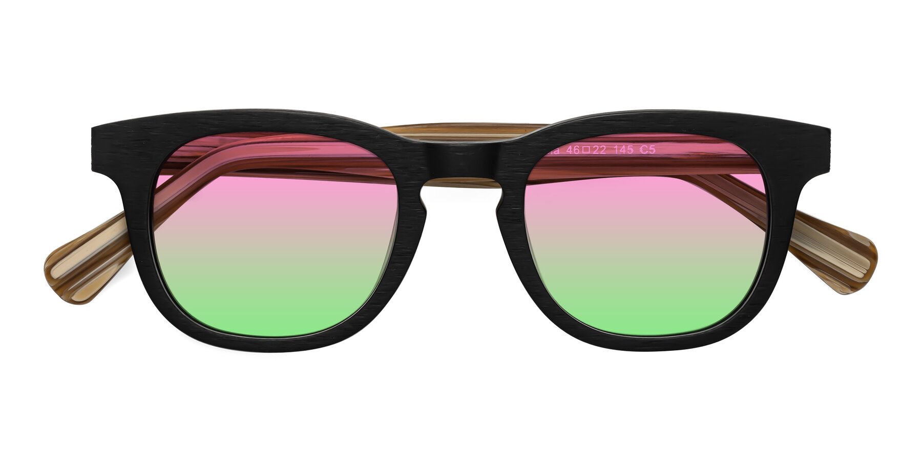 Folded Front of Tonia in Black-Sugar Woodgrain with Pink / Green Gradient Lenses