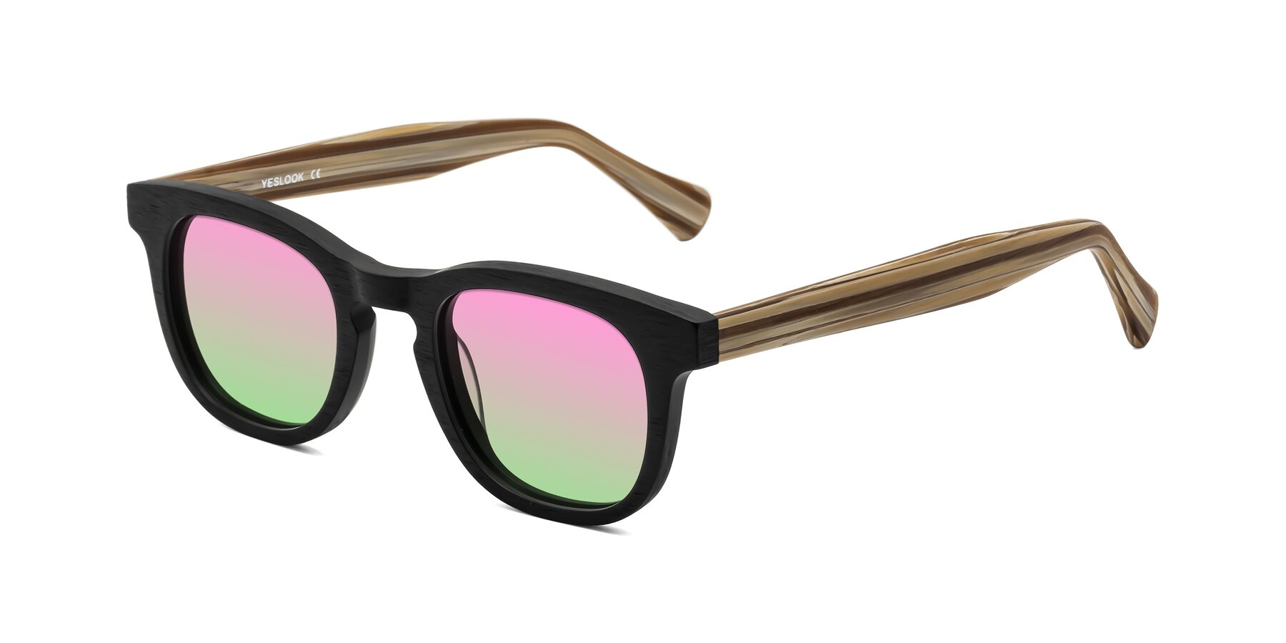 Angle of Tonia in Black-Sugar Woodgrain with Pink / Green Gradient Lenses