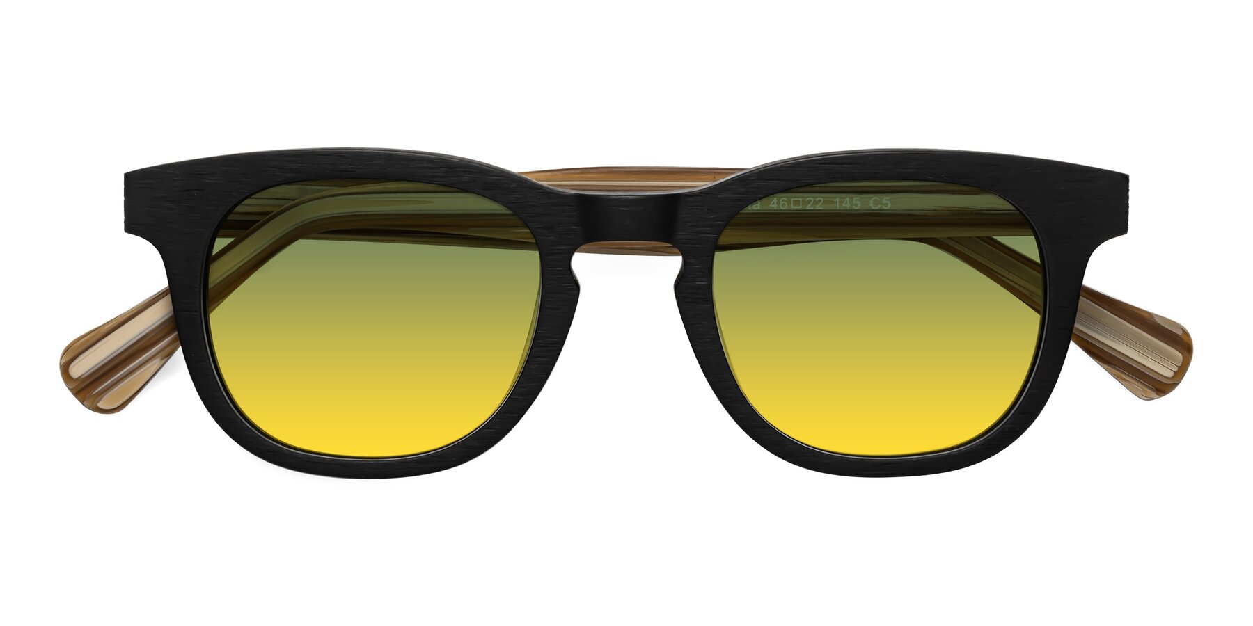 Folded Front of Tonia in Black-Sugar Woodgrain with Green / Yellow Gradient Lenses