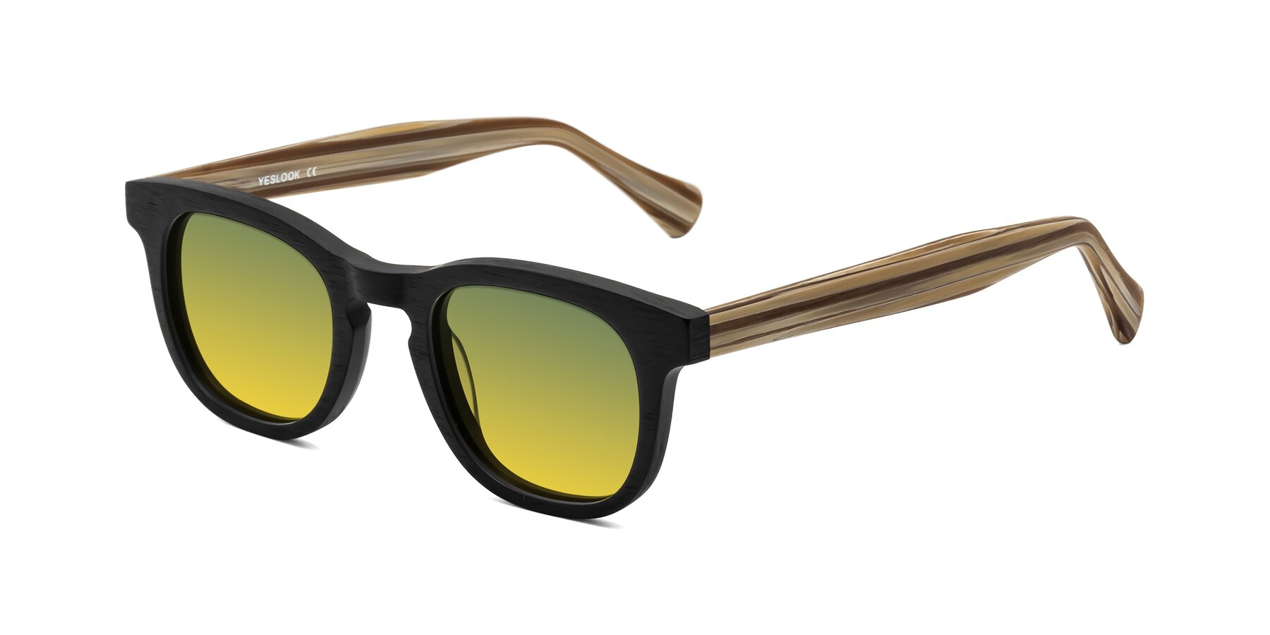 Angle of Tonia in Black-Sugar Woodgrain with Green / Yellow Gradient Lenses