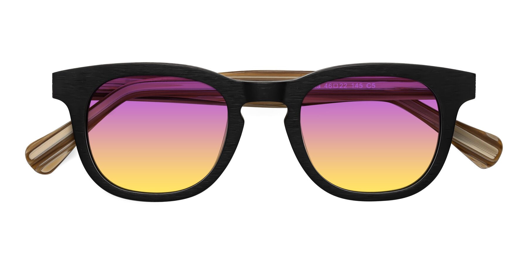 Folded Front of Tonia in Black-Sugar Woodgrain with Purple / Yellow Gradient Lenses