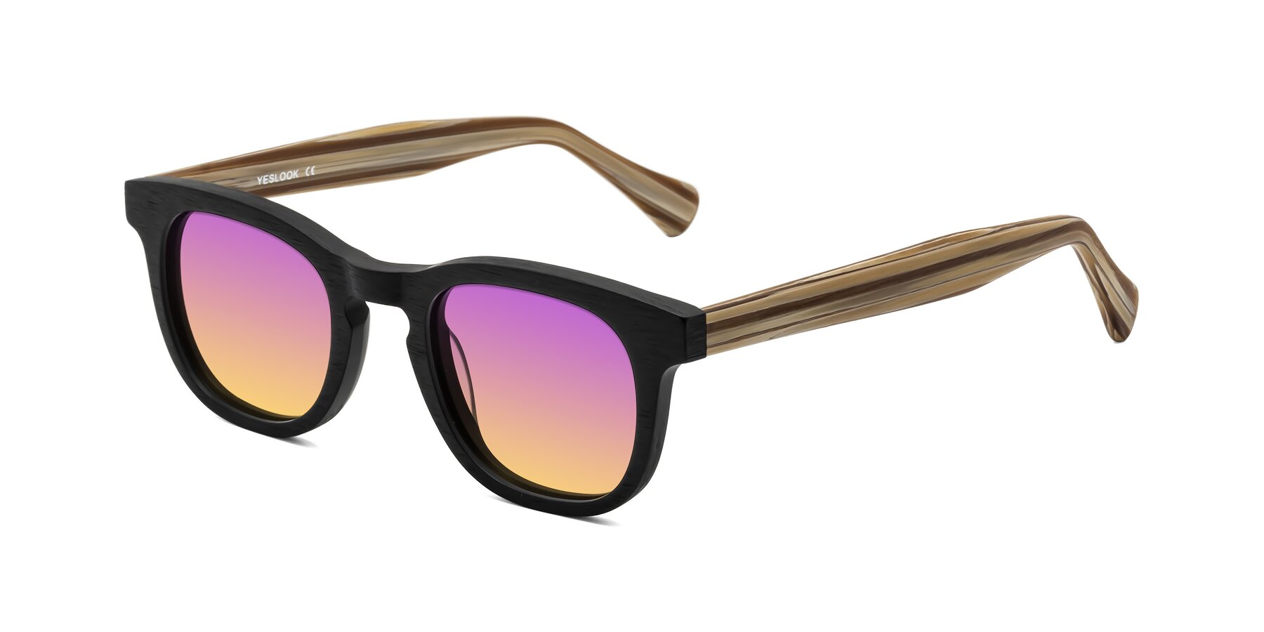 Angle of Tonia in Black-Sugar Woodgrain with Purple / Yellow Gradient Lenses