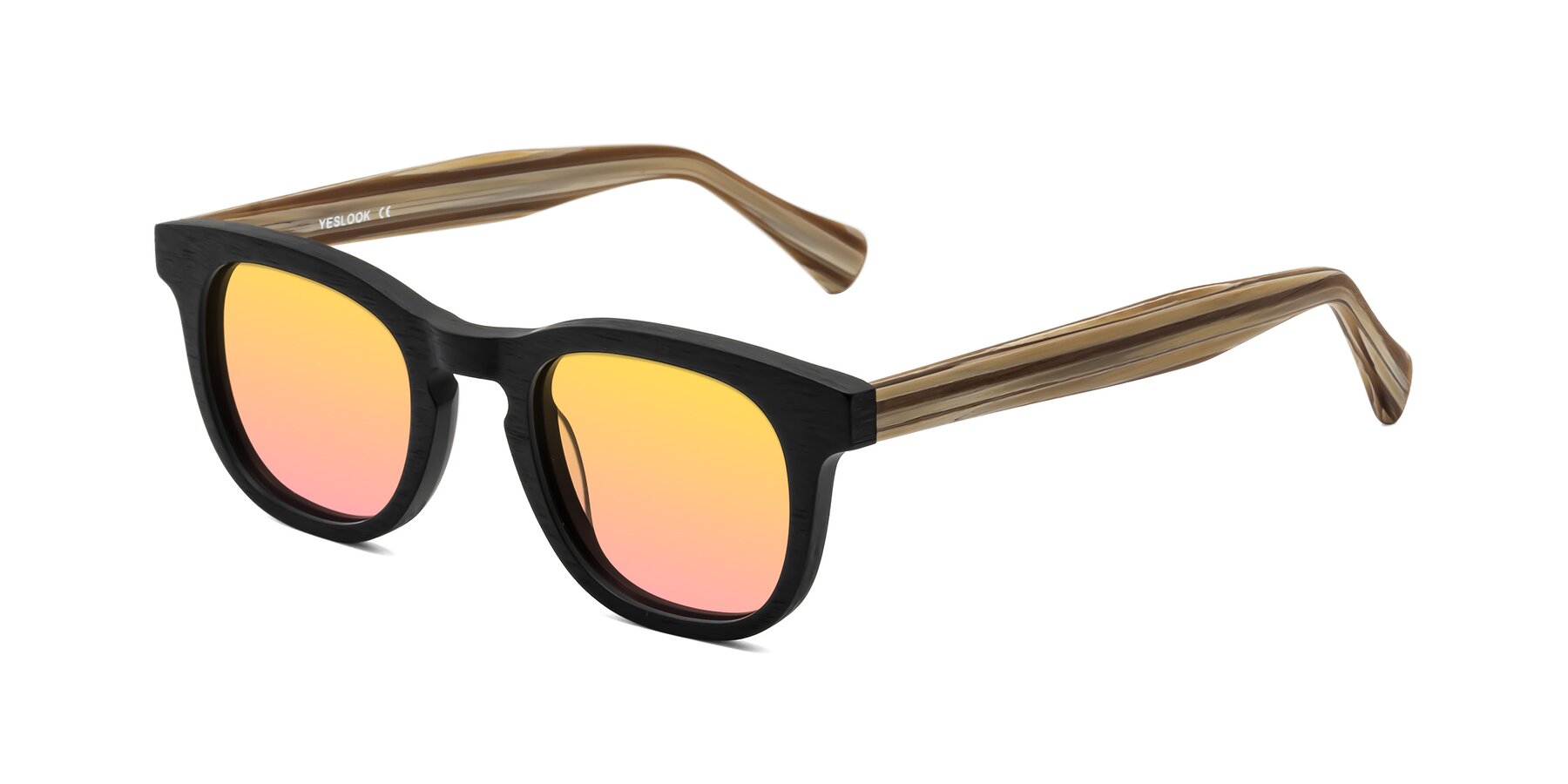 Angle of Tonia in Black-Sugar Woodgrain with Yellow / Pink Gradient Lenses