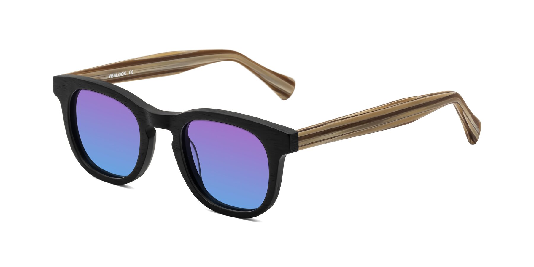 Angle of Tonia in Black-Sugar Woodgrain with Purple / Blue Gradient Lenses