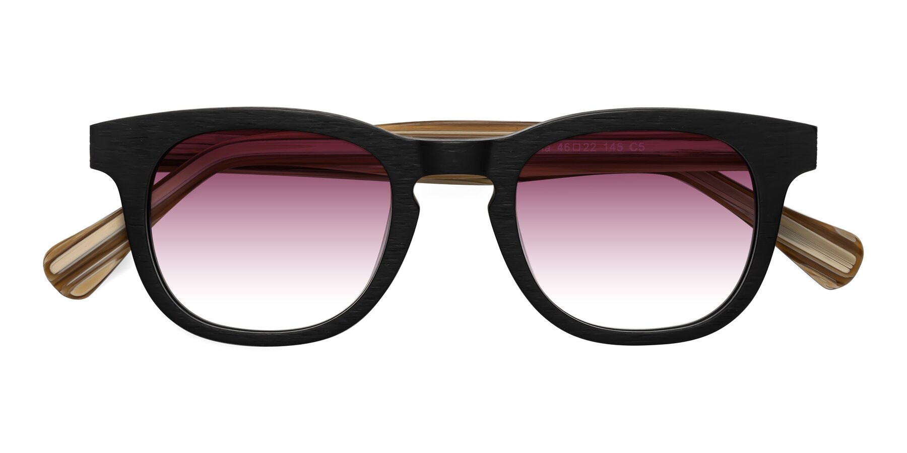 Folded Front of Tonia in Black-Sugar Woodgrain with Wine Gradient Lenses