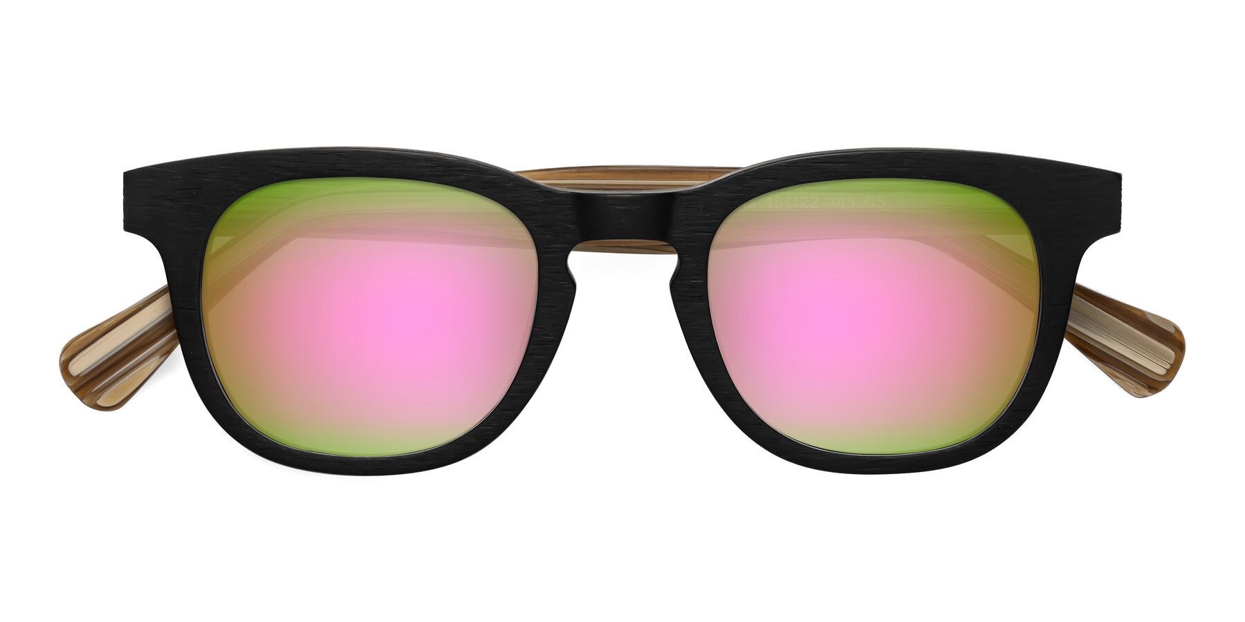 Folded Front of Tonia in Black-Sugar Woodgrain with Pink Mirrored Lenses